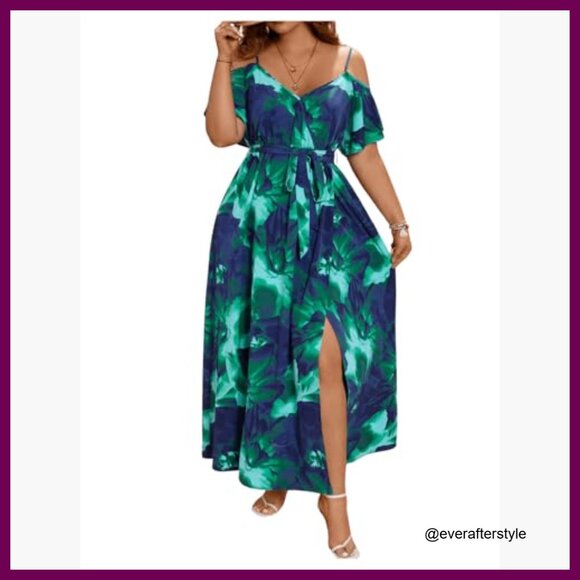 Cold Shoulder Maxi Dress with Split Thigh and Belted Waist - Picture 2 of 7